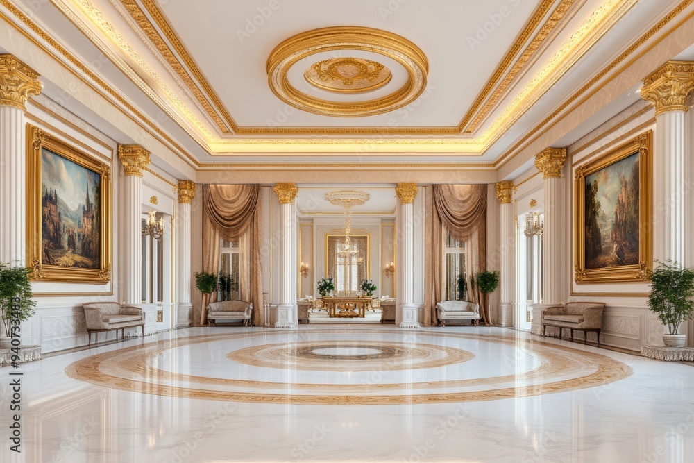 Obraz premium A luxurious palace gallery adorned with classical paintings in golden frames and rich tapestries