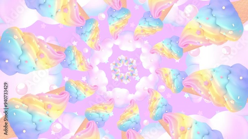 Looped spinning rainbow ice cream pattern motion graphics.
