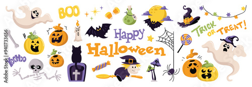 Happy Halloween day element background vector. Cute collection of spooky ghost, pumpkin, bat, candy, moon, skull, spider, cat, witch. Adorable halloween festival elements for decoration, prints.