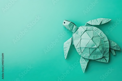 Fototapeta Naklejka Na Ścianę i Meble -  Origami art of portrait of a turtle on solid mint background, origami craft for kids, paper art, copy space, paper folding, marine origami 