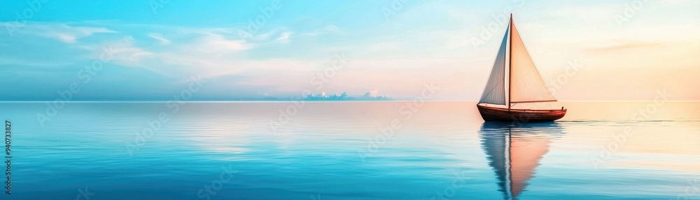 Fototapeta premium Serene sailing scene at sunset, with a peaceful reflection on calm waters, creating a tranquil and picturesque coastal atmosphere.