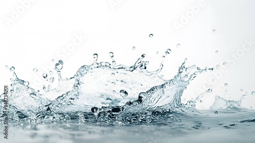 Water Splash: A dynamic splash of water suspended mid-motion, droplets frozen in time against a stark white background. 