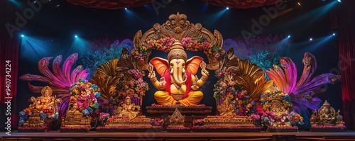 Ganesh Chaturthi festival, huge statue of Lord Ganesha on stage decorated with flowers and colorful decorations, Illustration for banner design poster greeting card print