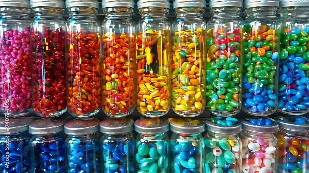 A vibrant array of capsules and beads is neatly arranged in glass jars, showcasing various colors and textures in a bustling market setting. A vibrant array of capsules and beads is neatly arranged in glass jars, showcasing various colors and textures in a bustling market setting.