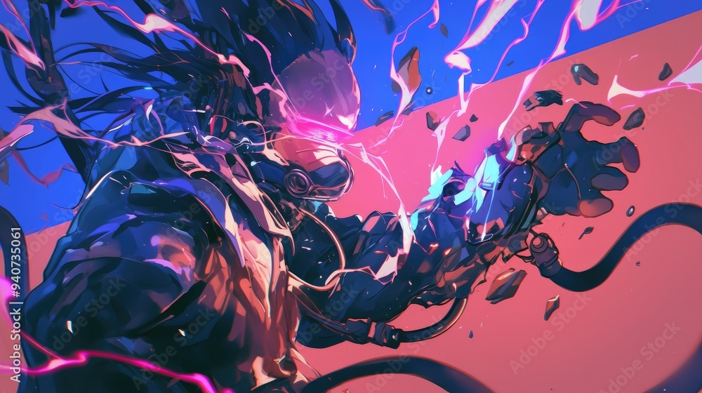 A cyborg with glowing blue eyes stands on a pink background with pink and blue electrical energy swirling around them. A cyborg with glowing blue eyes stands on a pink background with pink and blue electrical energy swirling around them.