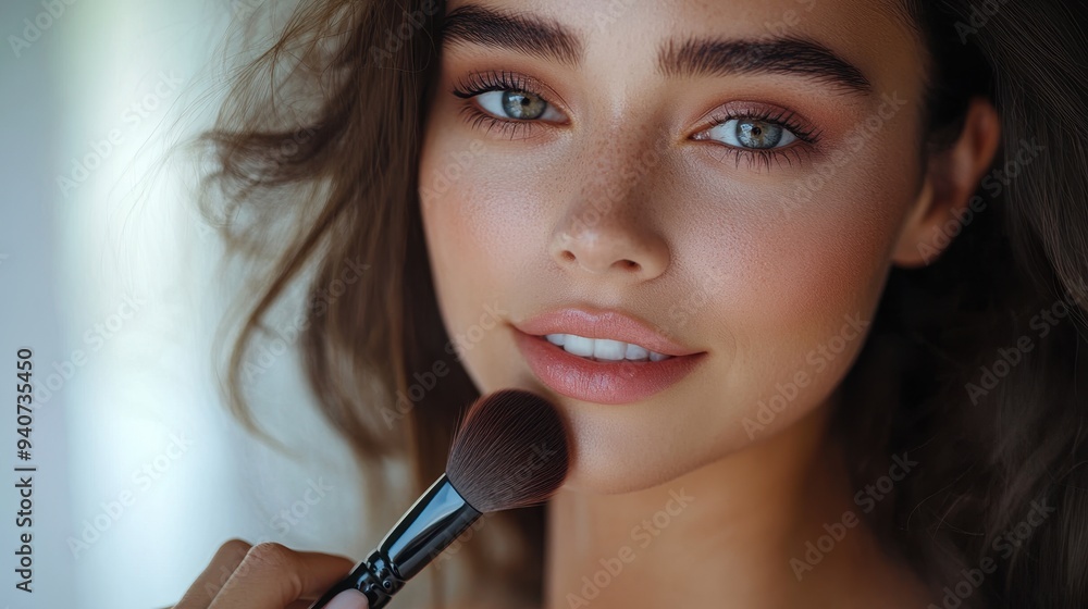 Young Asian woman with Contour and Highlight makeup sample,Young beautiful womman applying makeup using a brush,Professional Contouring face make-up over,Make up woman face. Young Asian woman with Contour and Highlight makeup sample,Young beautiful womman applying makeup using a brush,Professional Contouring face make-up over,Make up woman face.