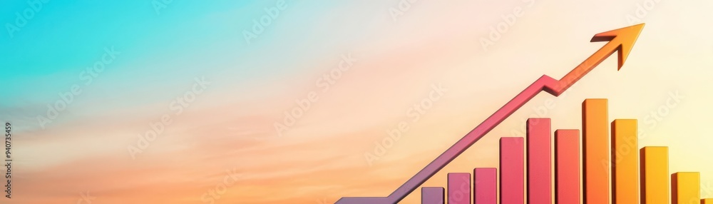 Shimmering landscape with an upward arrow, representing digital progress and achievement Shimmering landscape with an upward arrow, representing digital progress and achievement