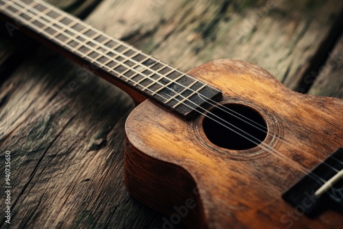 Close up of ukulele on old wooden background, Dark tone , ai