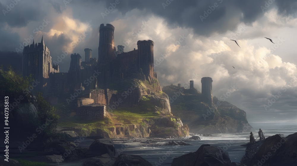 A dramatic, moody, and dark depiction of a medieval stone castle with its tall towers and walls perched high atop a cliff overlooking the stormy sea. A dramatic, moody, and dark depiction of a medieval stone castle with its tall towers and walls perched high atop a cliff overlooking the stormy sea.