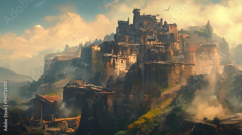 A fantastical, ancient city built on a mountaintop in a misty, golden landscape.