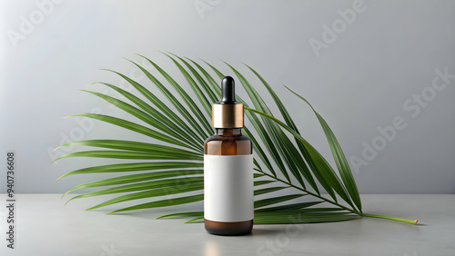 Luxurious serum with a sleek design and calming cosmetic dropper bottle with blank label with palm leaf on grey color background, skincare products aesthetic.