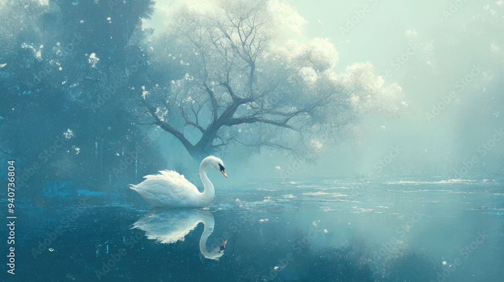 A graceful white swan glides across a misty lake in a serene winter landscape. A graceful white swan glides across a misty lake in a serene winter landscape.