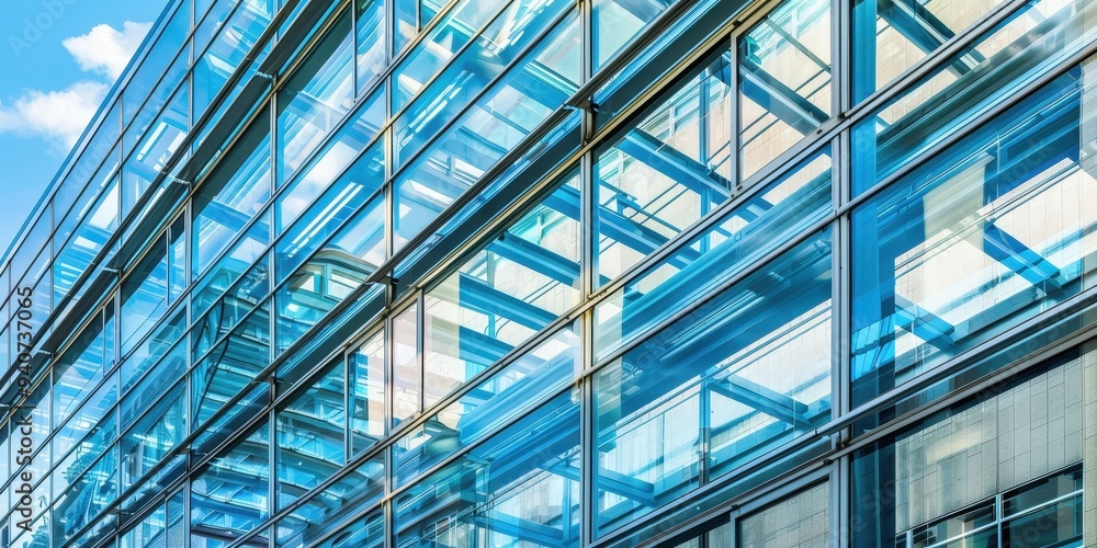 Detailed close-up of a modern steel and glass facade highlighting architectural design in a contemporary urban landscape Detailed close-up of a modern steel and glass facade highlighting architectural design in a contemporary urban landscape