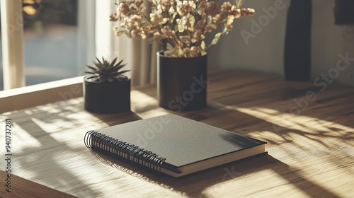 Black spiral notebook on wooden desk, cozy and warm setup for productivity or journaling
