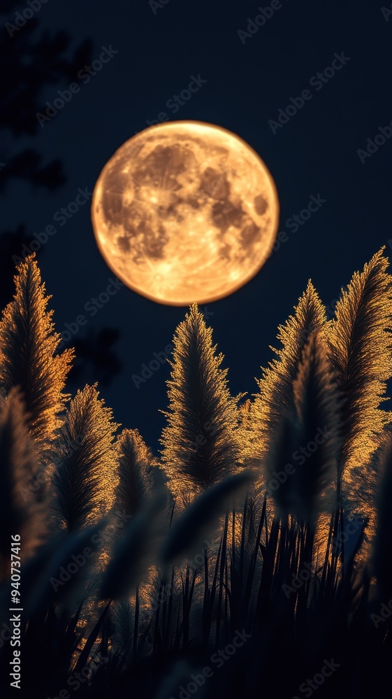 Full moon and Japanese pampas grass in midnight,The harvest Miscanthus sinensis and full moon,beautiful night sky in the countryside with the perfect moon exudes beauty in the dark. Full moon and Japanese pampas grass in midnight,The harvest Miscanthus sinensis and full moon,beautiful night sky in the countryside with the perfect moon exudes beauty in the dark.