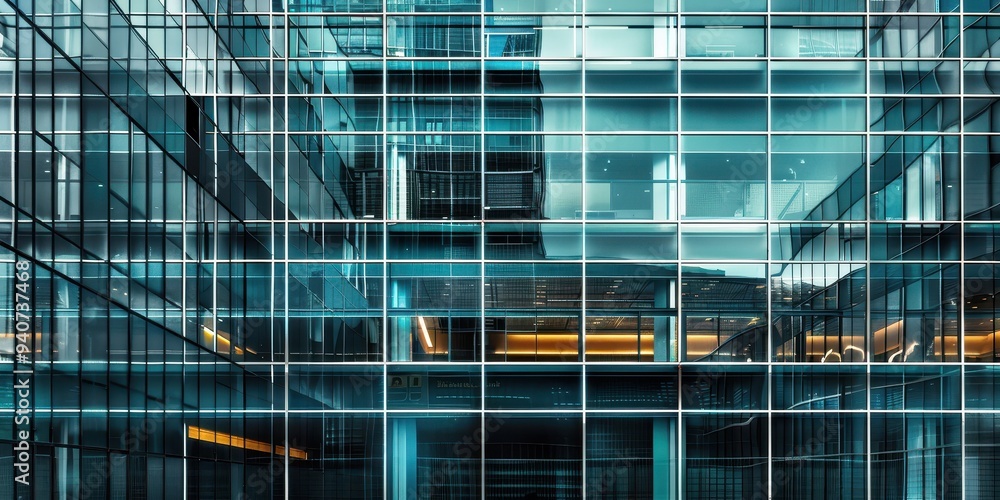 Obraz premium Close-up view of a modern steel and glass facade showcasing intricate architectural design and urban reflections in a city environment