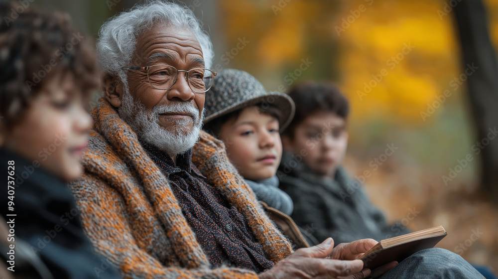 A group of elders sharing stories in a park, with younger generations listening attentively, preserving oral traditions and wisdom, with copy space A group of elders sharing stories in a park, with younger generations listening attentively, preserving oral traditions and wisdom, with copy space