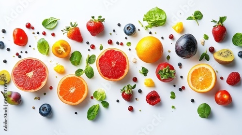 Various type of fruits and vegetables isolated on white background,Ripe fruit and vegetables,healthy food,Include fresh organic vegetables basket on wooden floor with copy space still life.