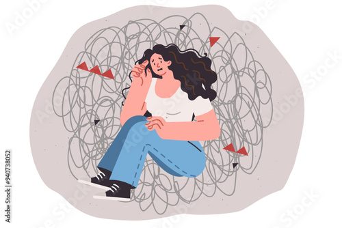 Woman with psychological disorder and chaos in head needs to consult psychotherapist