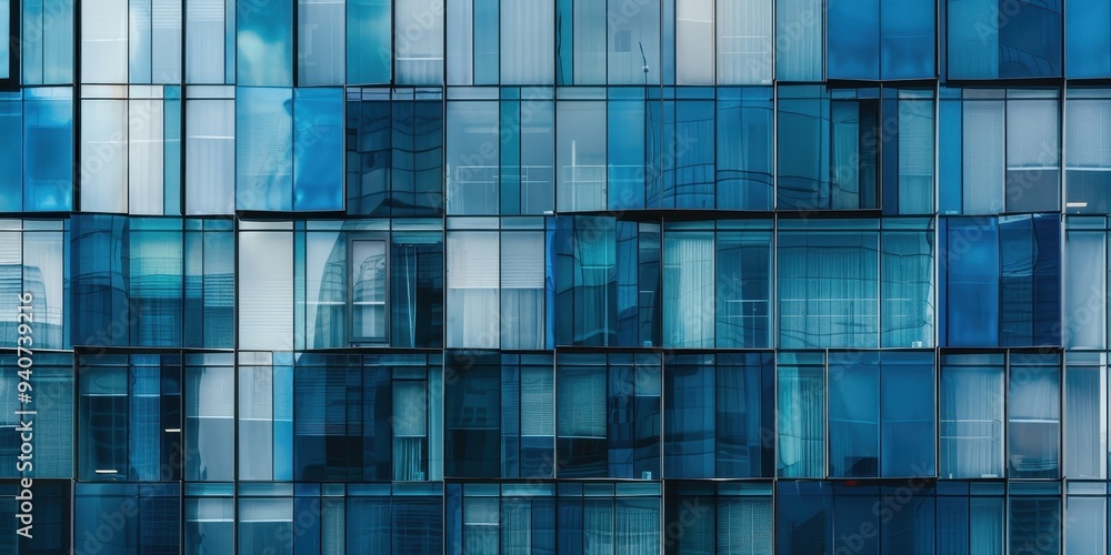 The facade features a closeup of modern architecture made predominantly of glass panels The facade features a closeup of modern architecture made predominantly of glass panels