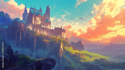 A majestic castle perched atop a cliff, overlooking a sprawling landscape bathed in the warm glow of sunset.