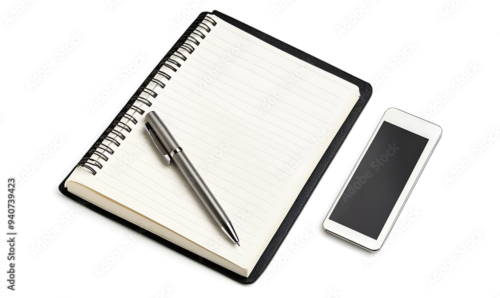 Notebook, Pen, and Smartphone on White Background Notebook, Pen, and Smartphone on White Background