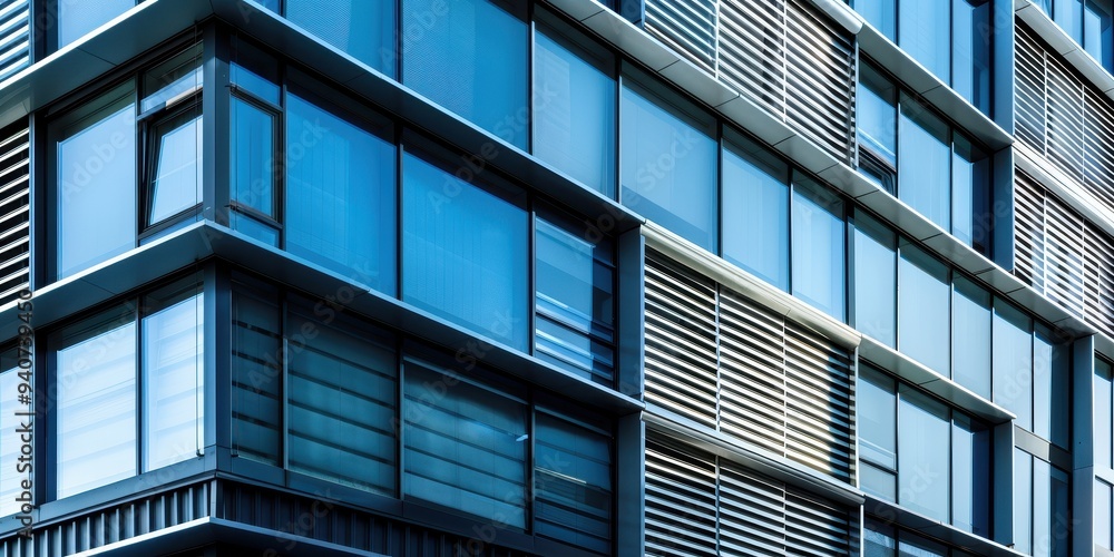 Closeup of a modern architectural facade showcasing abstract shapes and reflective glass windows in a vibrant urban environment Closeup of a modern architectural facade showcasing abstract shapes and reflective glass windows in a vibrant urban environment