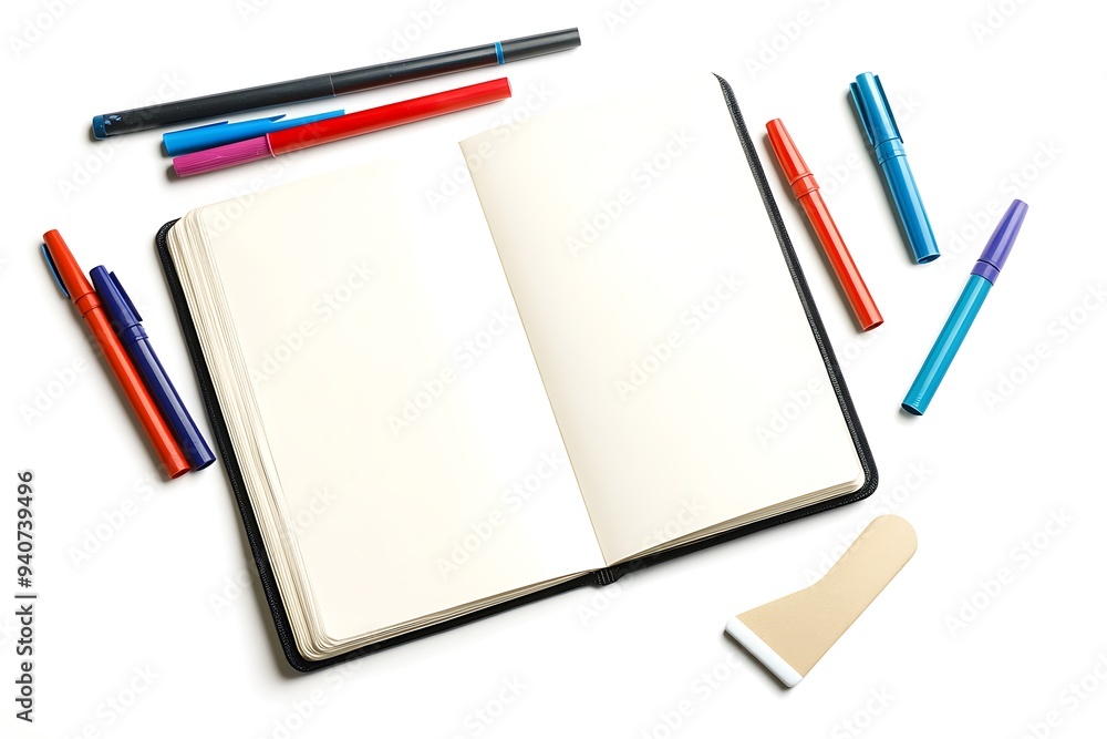 Blank Notebook with Colorful Pens and a Spatula Blank Notebook with Colorful Pens and a Spatula