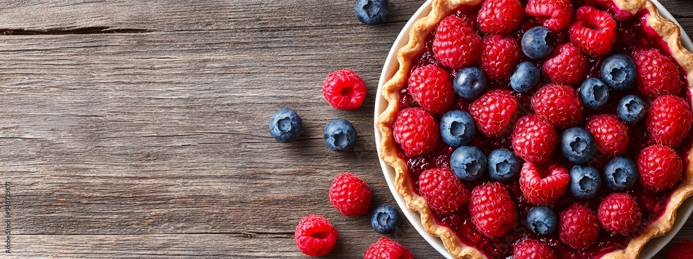 A pie topped with blueberries, raspberries, and more raspberries on a weathered wooden table A pie topped with blueberries, raspberries, and more raspberries on a weathered wooden table