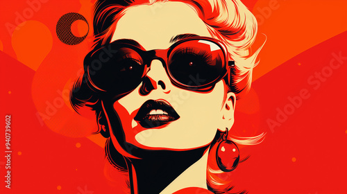 Vintage pop art woman on red background