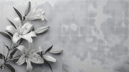 Lily flowers monochrome horizontal funeral invitation template with empty copy space for text. Condolences card