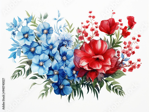 vintage red blue flower arrangement watercolor