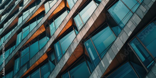 Close-up view of a modern architectural facade showcasing abstract lines and reflections at twilight in an urban setting