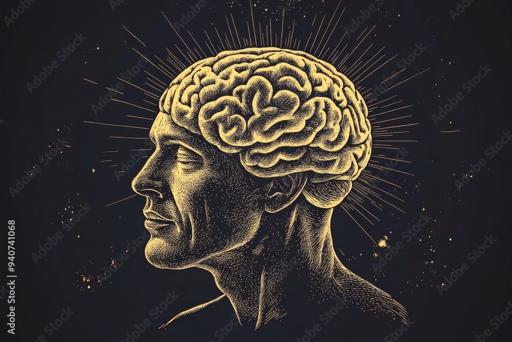 Obraz premium Digital illustration of a man with a glowing brain symbolizing intelligence cognitive function and mental clarity in a detailed high tech design