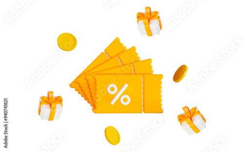 3d yellow coupons with white gifts, with gold coins on isolated background. Promotion for your ads with present box and voucher. Stock vector illustration.