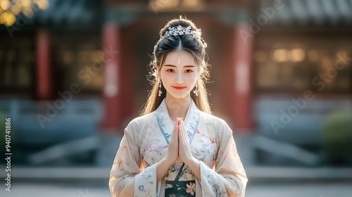 a chinese woman beauty wearing hanfu. A serene young woman dressed in traditional attire performs a gesture of greeting in a tranquil garden setting, symbol