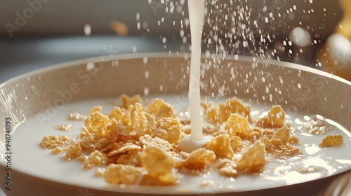 Cornflakes cereal bowl with milk being poured over them with a splash effect. Close. up shot. photo