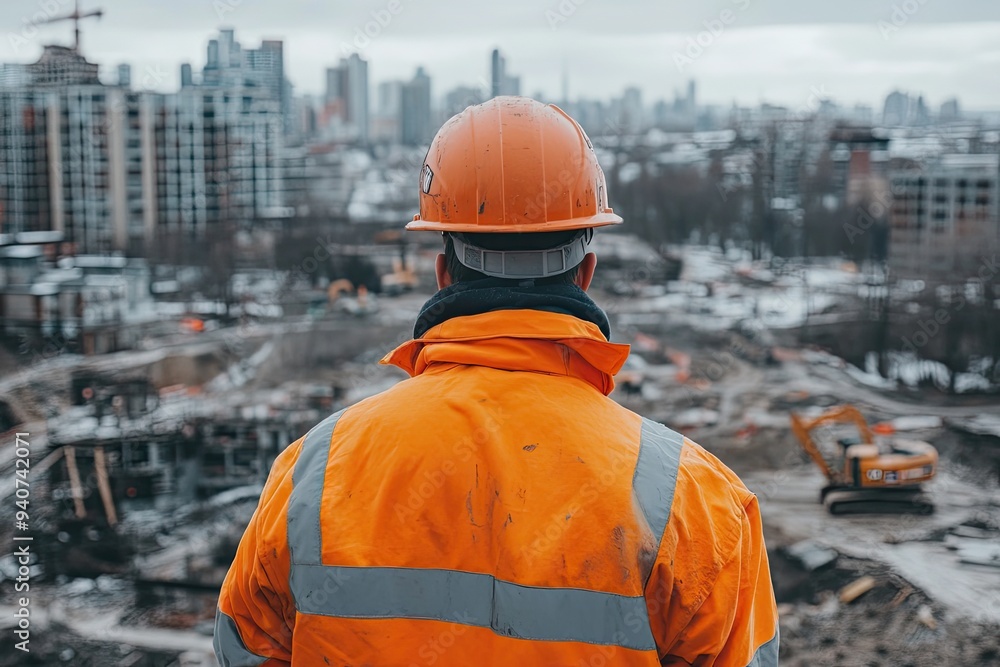 Construction worker in orange vest. This image is ideal for illustrating construction, safety, and hard work. Construction worker in orange vest. This image is ideal for illustrating construction, safety, and hard work.