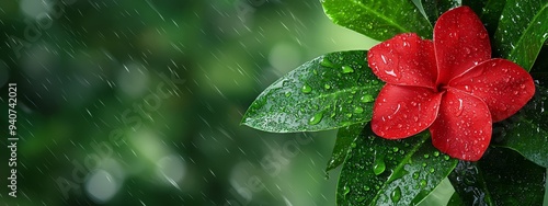  A red flower atop a verdant plant, dotted with raindrops on emerald leaves