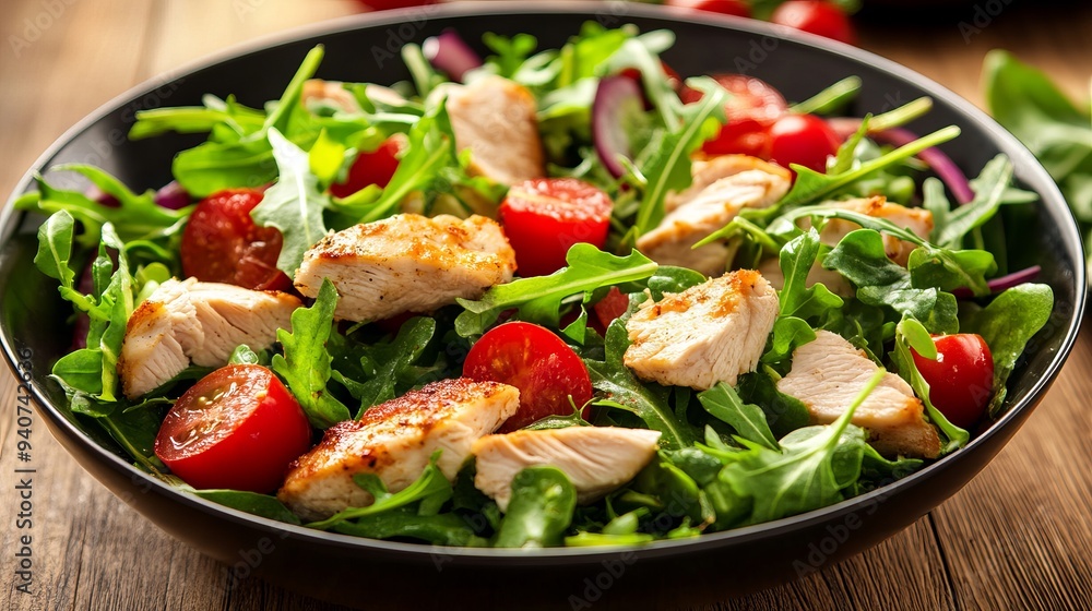 A vibrant and colorful fresh salad is presented with juicy pieces of chicken, ripe tomatoes, and a mix of tender greens including arugula, mesclun, and mache. A vibrant and colorful fresh salad is presented with juicy pieces of chicken, ripe tomatoes, and a mix of tender greens including arugula, mesclun, and mache.