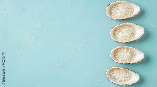 Indian sea rice is artfully arranged in three empty halves of shells on a light blue background. 