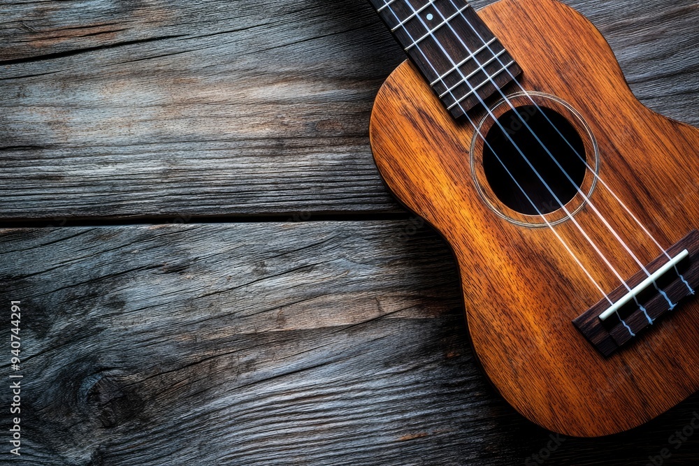 Fototapeta premium Close up of ukulele on old wooden background, Dark tone , ai