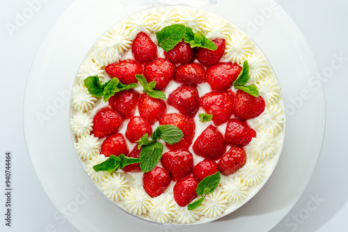 cake with berries, cream and chocolate on a white background