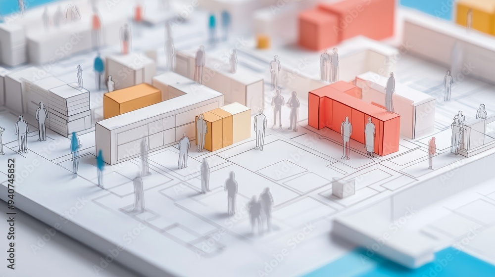 A miniature city model with colorful buildings and tiny figures, representing urban planning and development. A miniature city model with colorful buildings and tiny figures, representing urban planning and development.