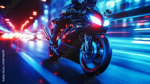 A motorcycle speeds through a city at night, headlights illuminating the road ahead. Blurred lights create a sense of motion and speed.