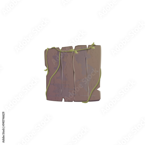 Old wood signboard with liana leaves, vector cartoon empty brown plank wooden texture, text space, timber square blank