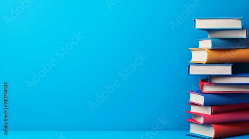 A stack of colorful books against a blue background, leaving space for text or design.