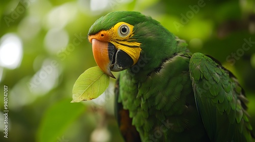 An orange-winged amazon (Amazona amazonica) perches gracefully, holding a vibrant green leaf in its beak.