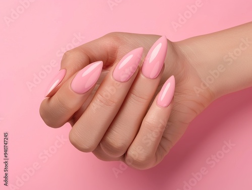 Female hand with pink nail design on pink background. Nail polish manicure. photo