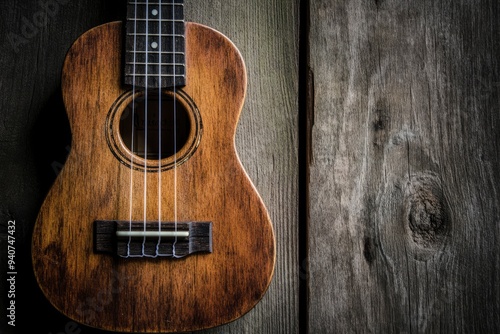 Close up of ukulele on old wooden background, Dark tone , ai